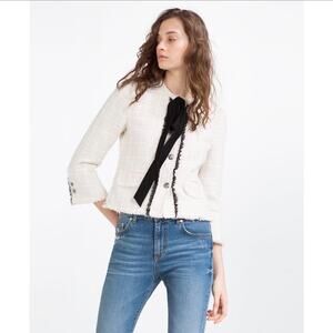 NWOT Zara Smart Elegant Tweed Boucle Knitted Bow Blazer Jacket Size M